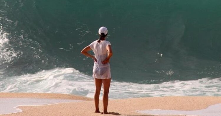 Popular meme of woman standing in front of huge wave (Imgur)