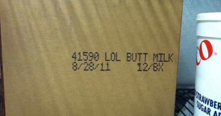 Bulk milk case with 'lol butt milk' written on it (Reddit | casserole09)