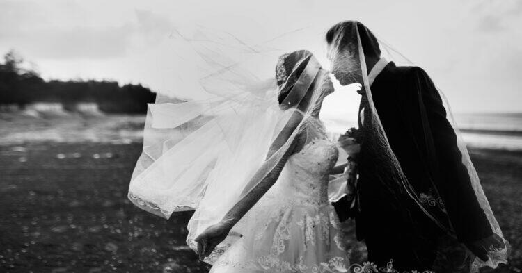 Black and white wedding photo with bride and groom posing on a hill (Unsplash | Hisu lee)