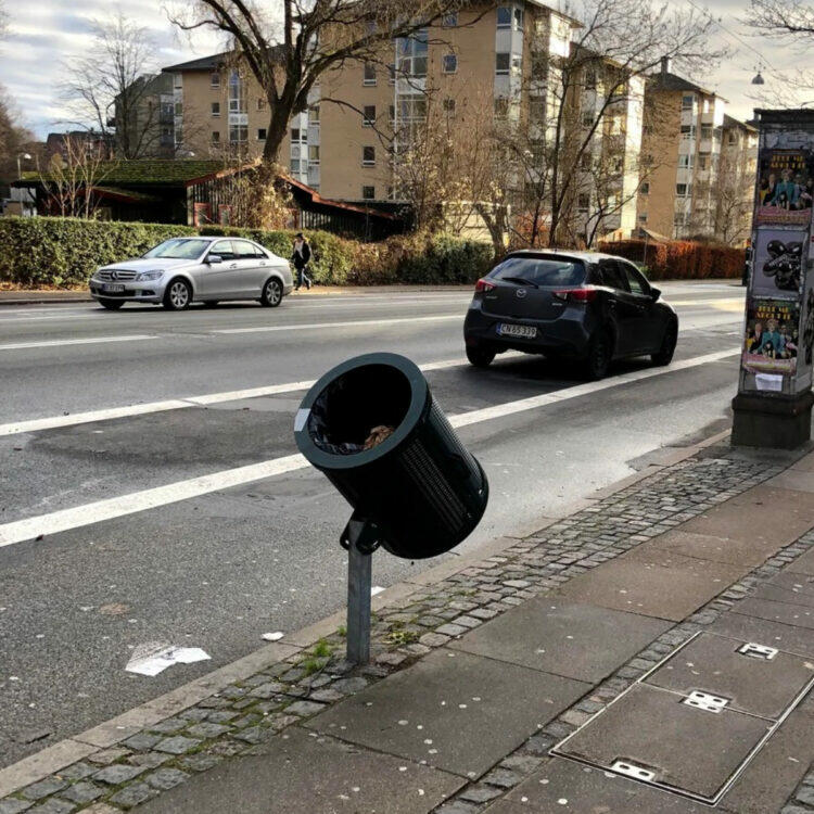 Tilted trash cans in Copenhagen