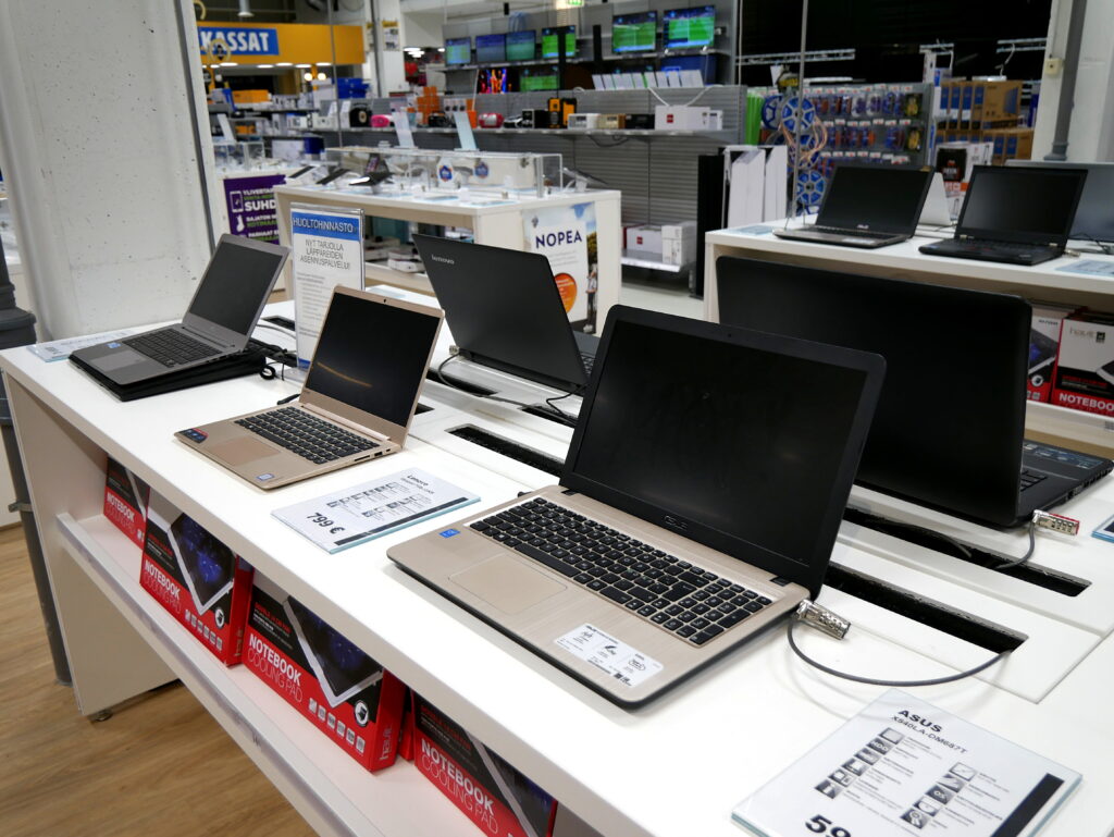 Laptops on display inside of a store