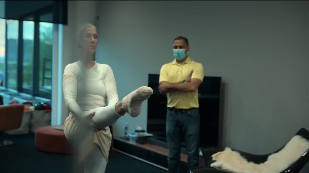 Singer Celine Dion stretching in her Las Vegas home.
