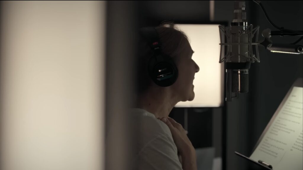 Singer Celine Dion in a recording studio.