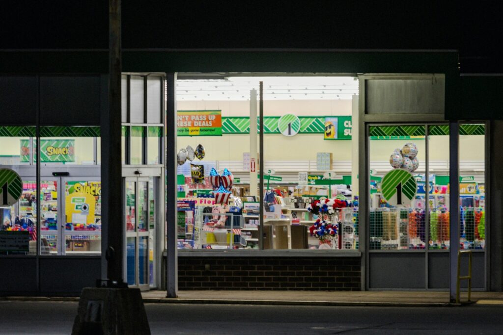 a Dollar Tree store front at night with the lights on