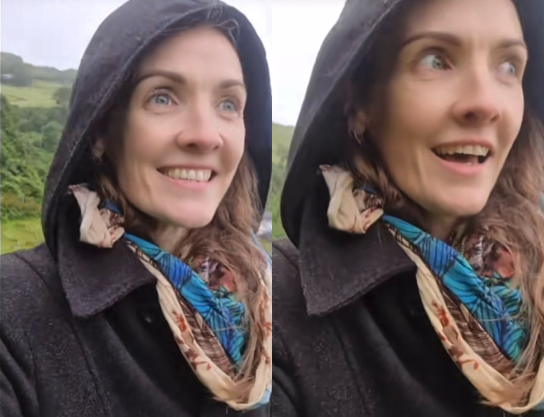 screenshots of a woman walking with a hood on