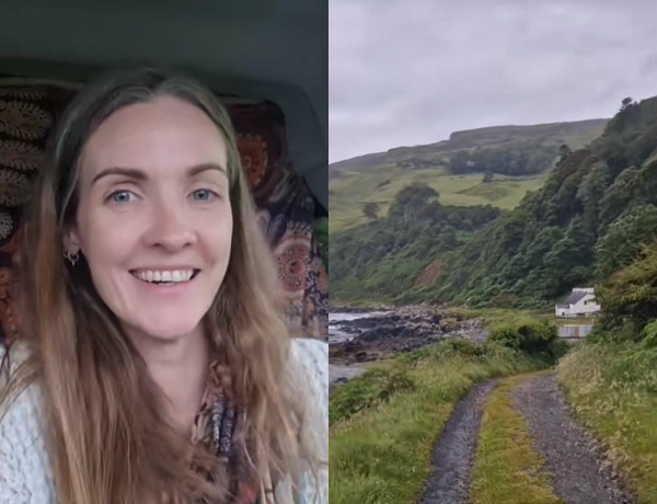 screenshots of a woman talking and of a beach