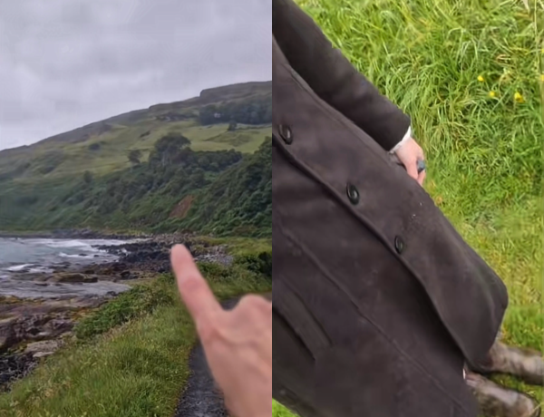 screenshots of a woman pointing at an empty beach and of her long black coat