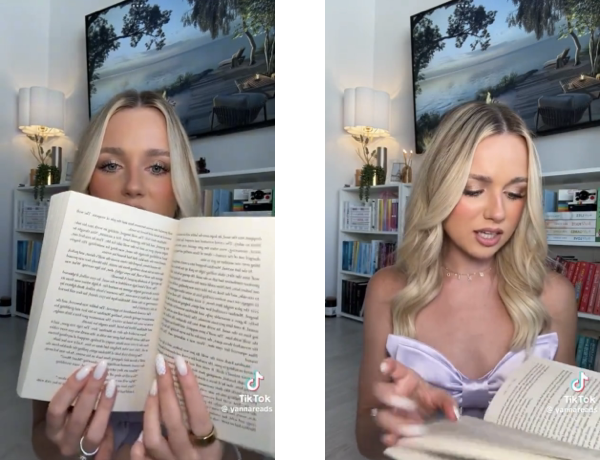 screenshots of a woman holding a book