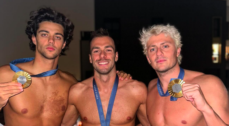 Olympic winners Nicolò Martinenghi, Thomas Ceccon, and Gregorio Paltrinieri pose in shirtless photo
