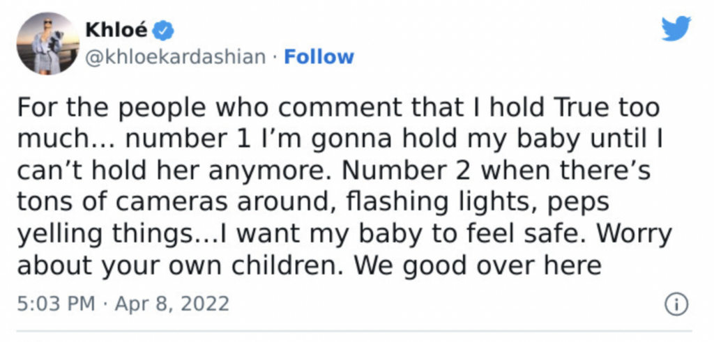Khloe Kardashian defends holding her daughter True