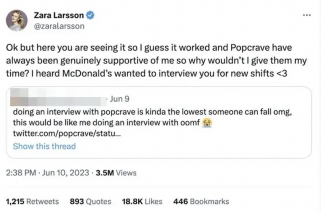 Zara Larsson interview pop crave twitter clapback