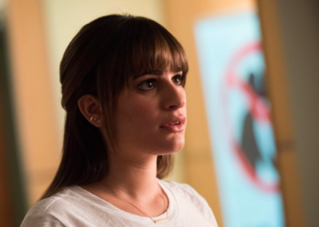 A close up image of Lea Michele acting on Glee.