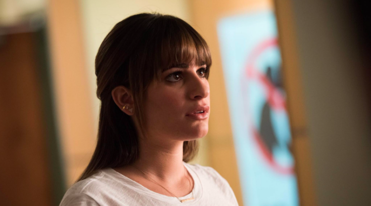 A close up image of Lea Michele acting on Glee.