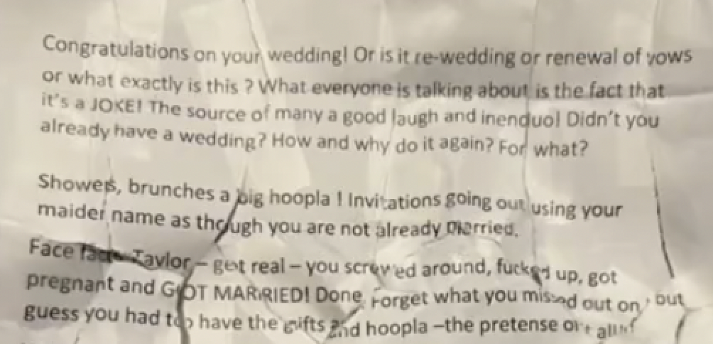 Bride shares hate letter she received as a wedding gift