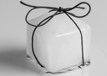a white square box tied with a black string