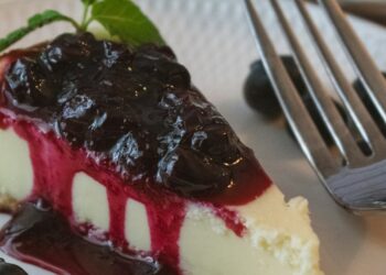 a piece of cheesecake with blueberries on a plate