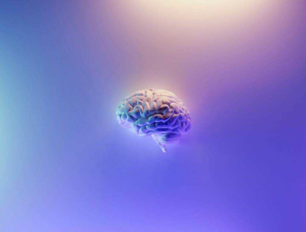 a light blue colored brain floating in a colorful space
