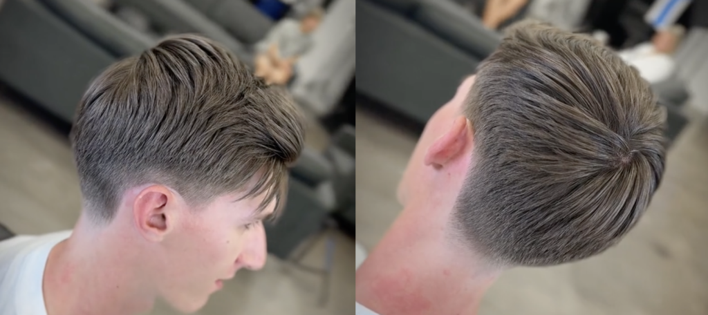 two pictures of a young man side-by-side of before and after a haircut