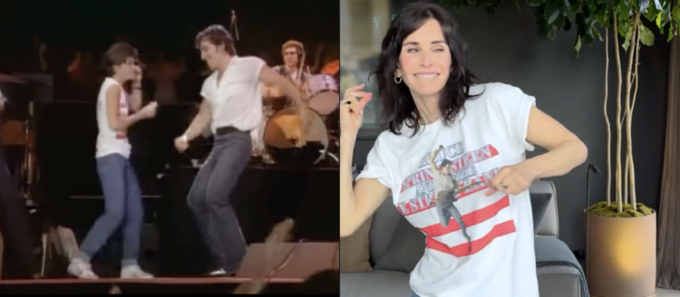 Courtney Cox in a split screen dancing to Bruce Springsteen video and the original
