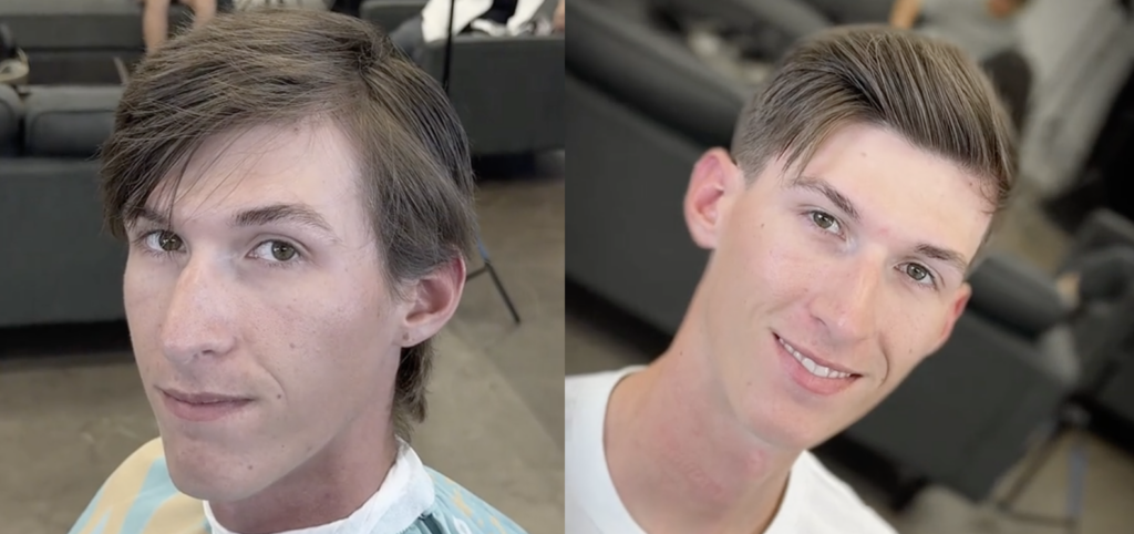 two pictures of a young man side-by-side of before and after a haircut