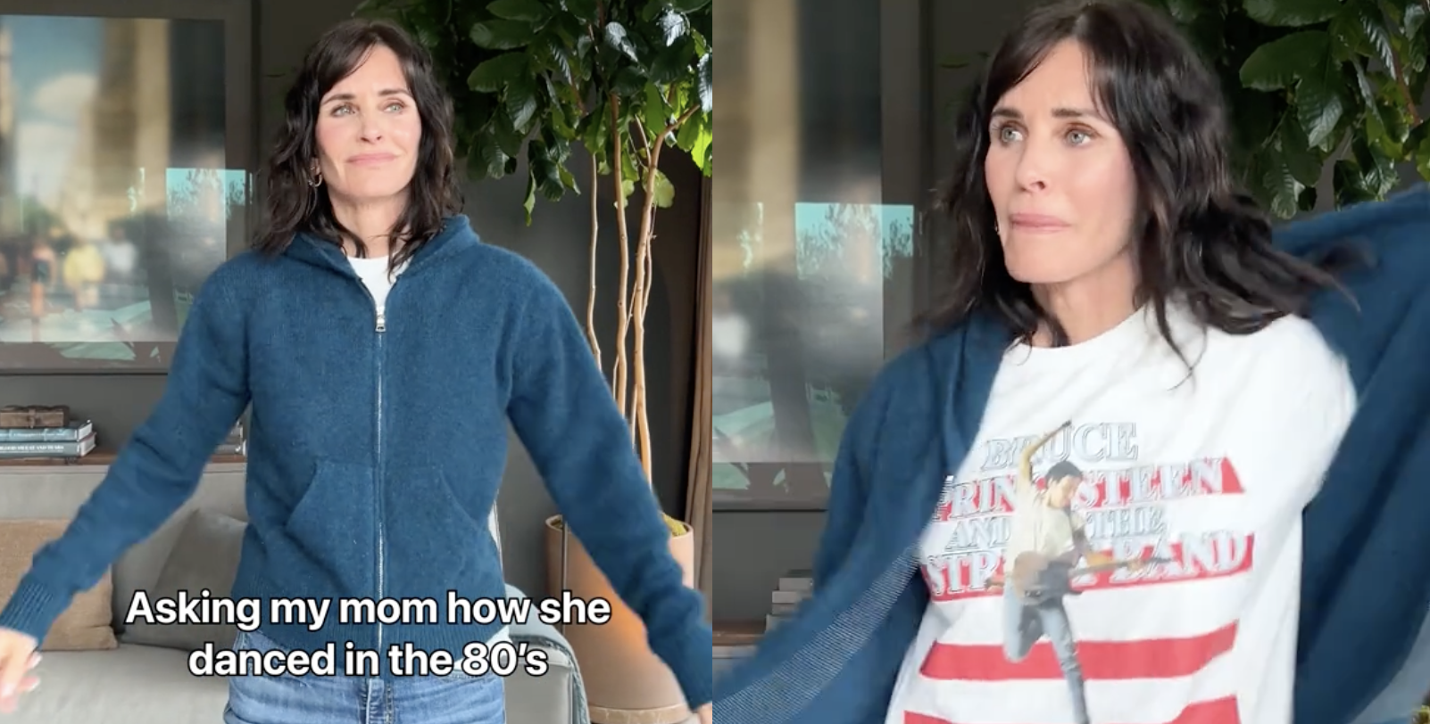 Split screen of Courtney Cox in a TikTok video