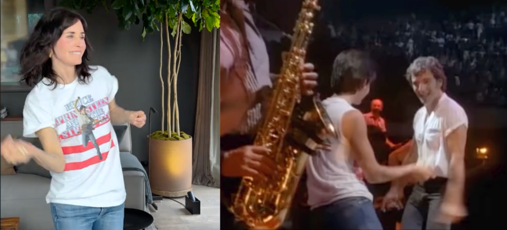 Split screen of Courtney Cox dancing and a clip from the original Bruce Springsteen video
