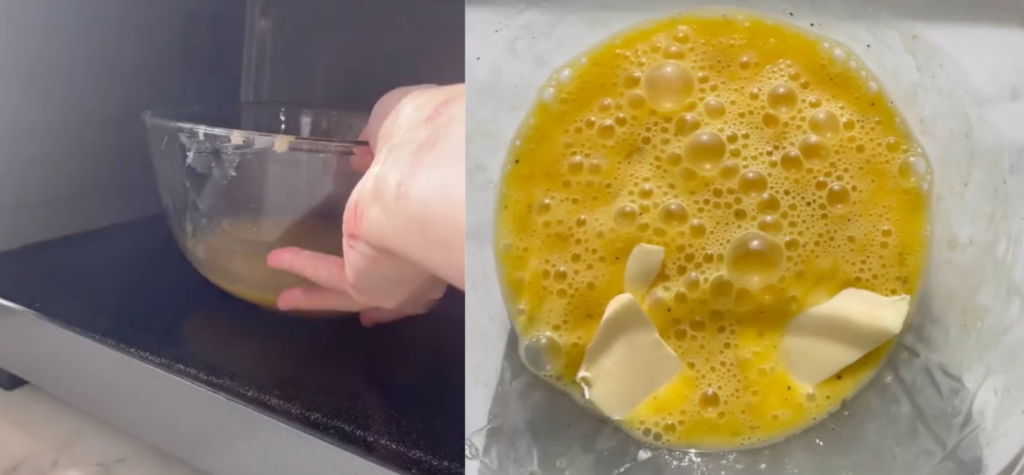 split screen of bowl of eggs being put into microwave and mixed eggs with butter