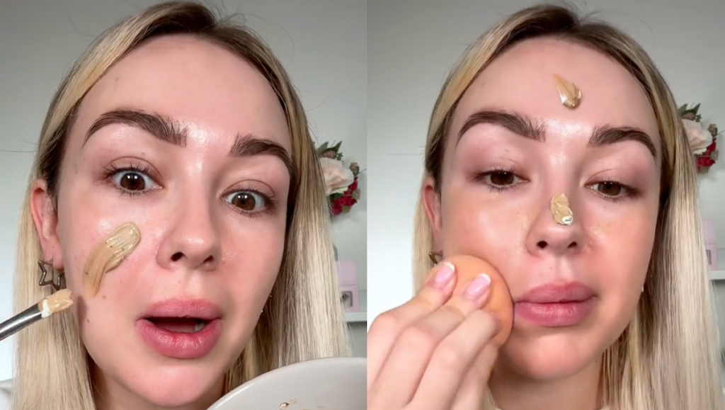 split screen of woman applying make up in TikTok video