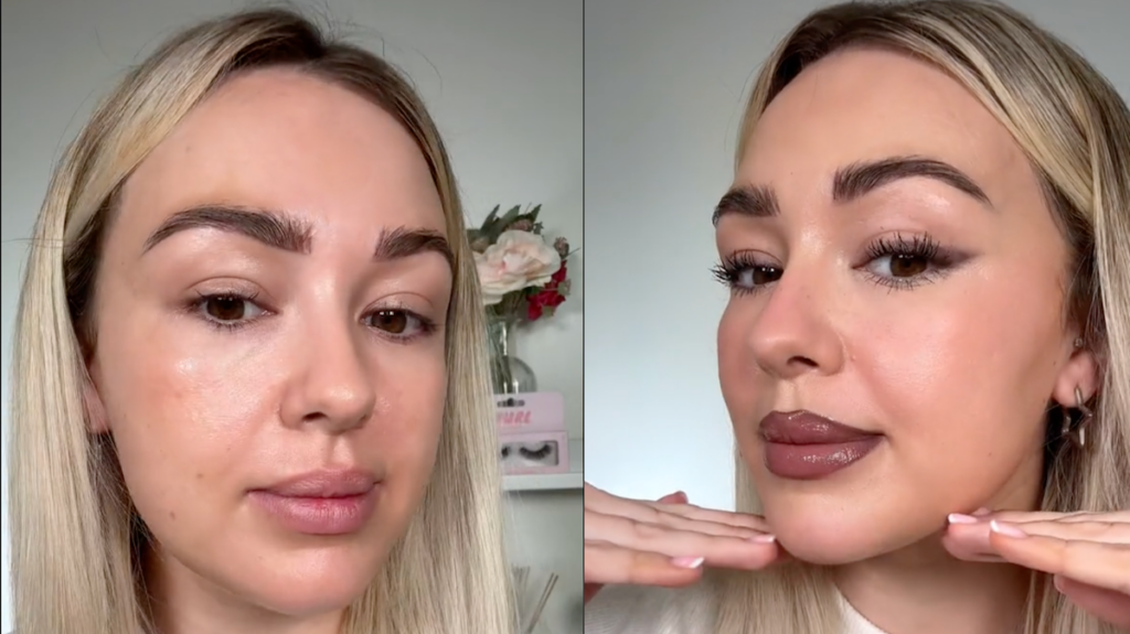 split screen of woman applying make up in TikTok video
