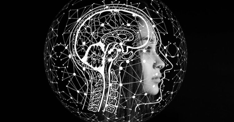 brain outline in black and white with woman's face