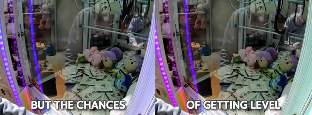 Split screen of TikTok video about claw machines