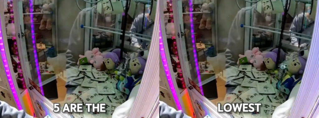 Split screen of TikTok video about claw machines