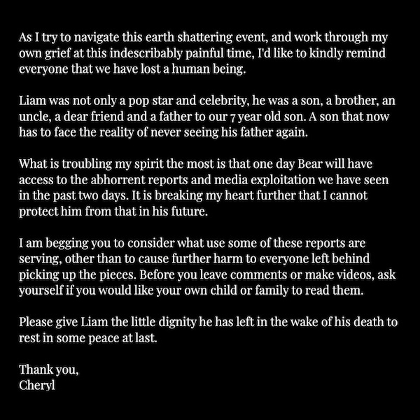 Instagram caption from Cheryl Cole following Liam Payne's death