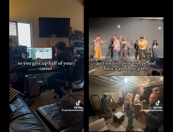 two tiktok screenshots that say that say “so you give up half your career” and “quit your improv troupe and have a goodbye party”