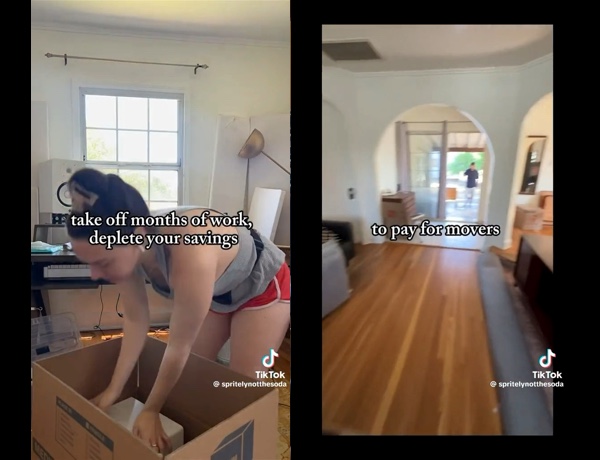 two tiktok screenshots that say “take off months of work, deplete your savings to pay for movers”