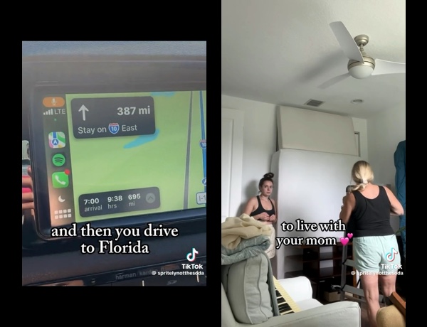 two tiktok screenshots that say “and then you drive to florida to live with your mom”