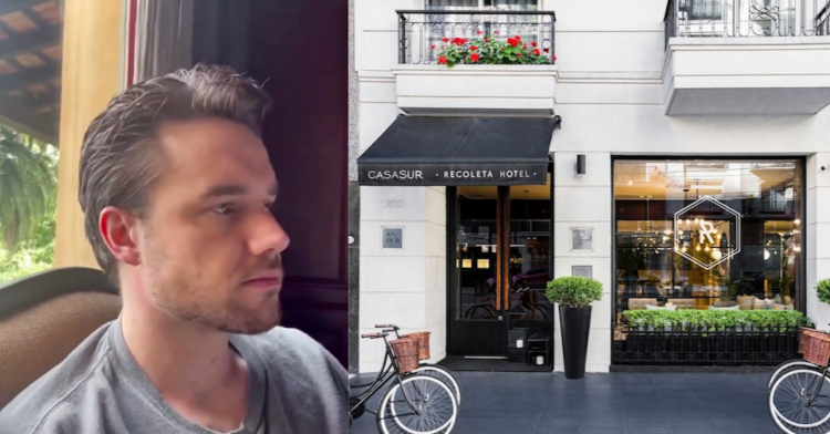 Split screen of Liam Payne and Hotel CasaSur front entrance