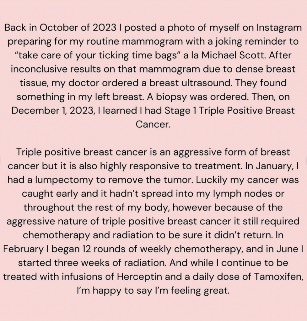 Jenna Fischer shares she is now cancer free on Instagram post