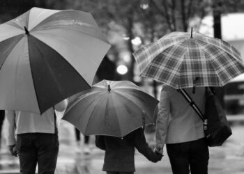 parents walking with kid in the rain with their backs to camera holding umbrellas