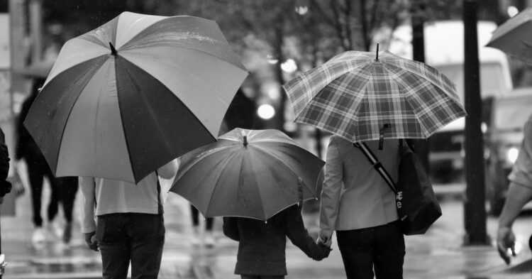 parents walking with kid in the rain with their backs to camera holding umbrellas