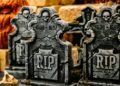 a group of tombstones sitting on top of a table