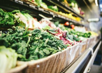row of vegetables placed on multilayered display fridge