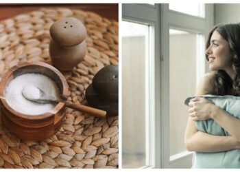 Bowl of salt and woman by window