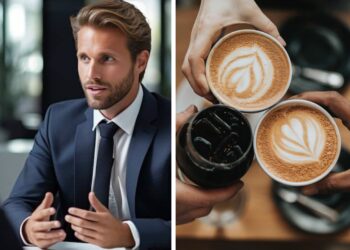 Man in a job interview, coffee cups.