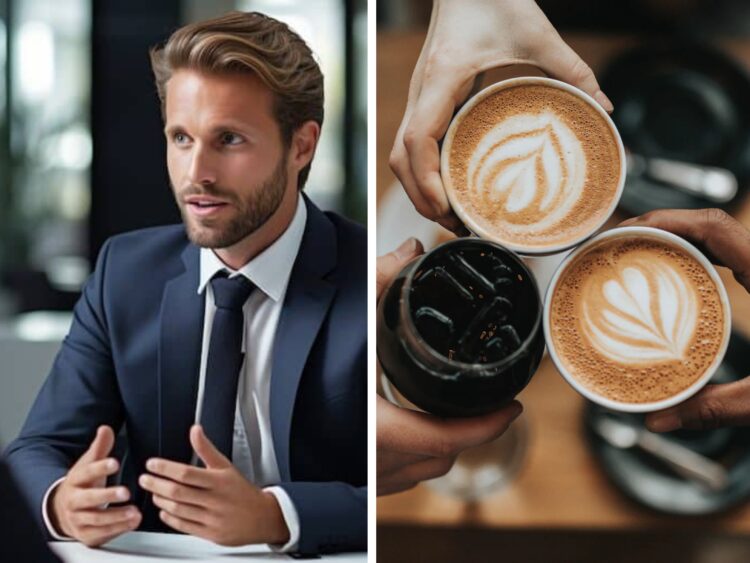 Man in a job interview, coffee cups.