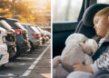 Parked cars, toddler sleeping in car seat.