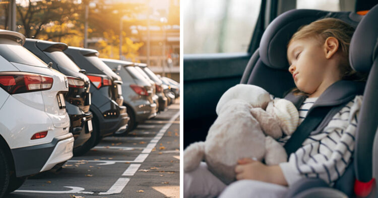 Parked cars, toddler sleeping in car seat.