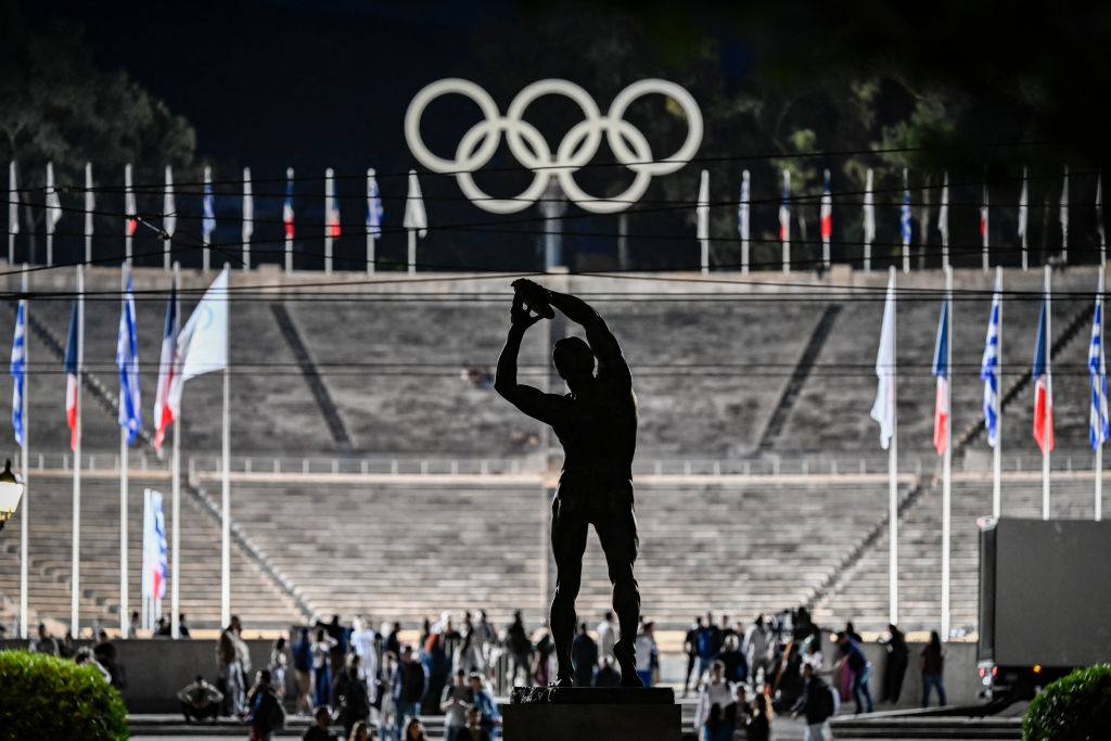 TOPSHOT-GREECE-FRANCE-OLY-PARIS-2024-TORCH-HANDOVER-CEREMONY