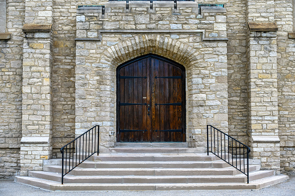 Exterior architecture of Mariners Church. Symmetry of a...
