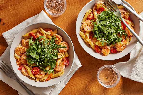Penne With Shrimp, Toasted Garlic and Arugula for Nourish column in Food
